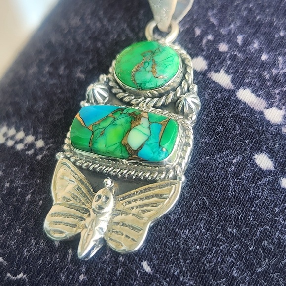 Native American Jewelry - Artisan Pendant Sterling Silver Butterfly Peacock Dhalia Gemstones Bug Jewelry